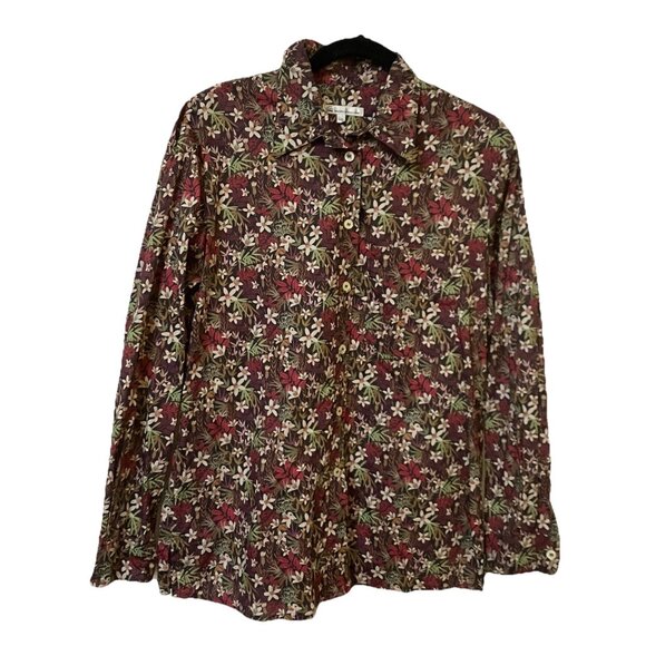 Vintage Tilley Button Up Shirt Womens L Black Floral Cotton Blouse Made Canada - Picture 1 of 6